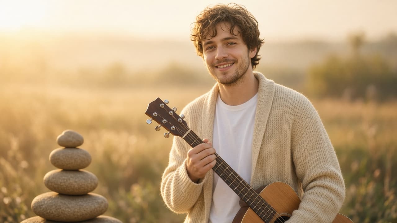 Asa Cole with his guitar in a golden field